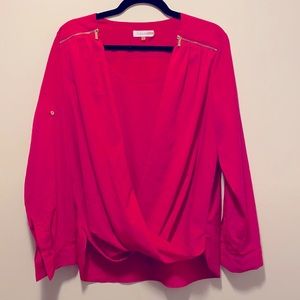 Calvin Klein LS bright pink faux-wrap blouse